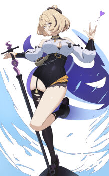 1girl \m/ absurdres asymmetrical_shorts bare_shoulders beret black_hat black_shoes black_thighhighs blonde_hair breasts button_gap cleavage closed_mouth commentary cowlick detached_sleeves english_commentary footwear_ribbon garter_straps hair_between_eyes hammer hat heart high-waist_shorts highres holding holding_hammer holding_weapon large_breasts light_smile looking_at_viewer mole mole_under_mouth oro_(lsg0624) purple_eyes shirt shoes short_hair shorts simple_background single_garter_strap single_sock single_thighhigh socks solo standing standing_on_one_leg standing_on_weapon tentacle_girl tentacle_tail tentacles thighhighs torn_clothes torn_thighhighs weapon white_background white_shirt yidhari_murphy zenless_zone_zero