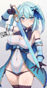 Rule 34 | 1girl, arm up, ascot, bare shoulders, black gloves, black panties, black thighhighs, blue ascot, blue bow, blue eyes, blue hair, blush, bow, breasts, character name, cleavage, cleavage cutout, closed mouth, clothing cutout, commentary request, covered navel, cowboy shot, detached sleeves, elbow gloves, frills, genderswap, genderswap (mtf), gloves, gradient background, grey background, groin, hair between eyes, hair bow, highleg, highleg leotard, hiruno, holding, holding sword, holding weapon, large breasts, leotard, looking at viewer, lowleg, medium hair, noble saber, original, panties, showgirl skirt, signature, simple background, smile, solo, standing, sword, thighhighs, thighs, two side up, underwear, weapon, white leotard