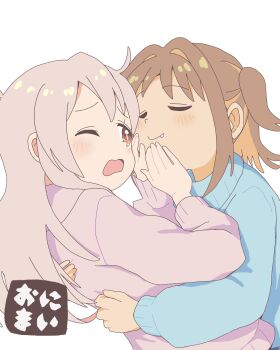 2girls absurdres blue_pajamas blush brown_eyes brown_hair closed_eyes colored_inner_hair commentary copyright_name fang fang_out hair_intakes hands_on_another&#039;s_face highres hug jibijibipen long_hair long_sleeves multicolored_hair multiple_girls oka_asahi one_eye_closed onii-chan_wa_oshimai! open_mouth orange_hair oyama_mahiro pajamas pink_hair pink_pajamas short_hair simple_background smile two-tone_hair two_side_up wavy_mouth white_background wince yuri