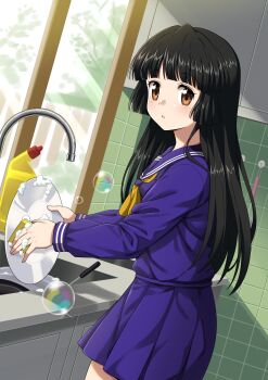 1girl absurdres black_hair brown_eyes day dishwashing elfen_lied faucet highres holding holding_plate indoors kitchen long_hair looking_at_viewer neckerchief nozomi_(elfen_lied) orange_neckerchief plate purple_serafuku purple_shirt purple_skirt sailor_collar sailor_shirt school_uniform serafuku shirt sink skirt soap_bubbles straight_hair sutemeto tagme window winter_uniform