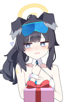1girl absurdres animal_ears bare_shoulders black_hair blue_archive blue_eyes blush box cheerleader dog_ears dog_girl gift gift_box goggles goggles_on_head halo hibiki_(blue_archive) hibiki_(cheer_squad)_(blue_archive) highres holding holding_box holding_gift long_hair meteor_(ks111278) millennium_cheerleader_outfit_(blue_archive) official_alternate_costume open_mouth simple_background star_(symbol) star_sticker sticker sticker_on_arm sticker_on_face white_background yellow_halo