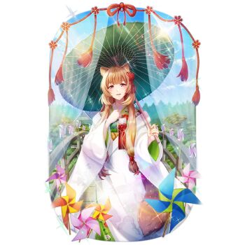 1girl :d alternate_breast_size_(smaller) animal_ear_fluff animal_ears artist_request blue_sky blunt_bangs bridge brown_hair cloud cloudy_sky cowboy_shot day eyelashes flat_chest floral_print flower flower_request forest game_cg green_kimono green_umbrella hair_flower hair_ornament hand_on_own_chest hands_up holding holding_umbrella japanese_clothes kimono layered_kimono light_particles long_hair long_sleeves looking_at_viewer nature official_art oil-paper_umbrella open_mouth outdoors pinwheel raccoon_ears raccoon_girl raccoon_tail raphtalia red_eyes red_flower simple_background sky smile solo sparkle standing straight-on straight_hair tail tate_no_yuusha_no_nariagari tate_no_yuusha_no_nariagari_rerise transparent_background umbrella white_kimono wide_sleeves wooden_bridge yukata