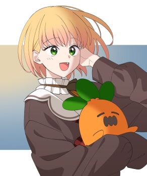 1girl :d alternate_hairstyle blonde_hair blue_background bow bowtie brown_bow brown_bowtie brown_cardigan cardigan carrying collar commentary_request fang floating_hair frilled_collar frills gradient_background gradient_hair green_eyes hand_on_own_face highres hololive letterboxed long_sleeves looking_ahead momosuzu_nene momosuzu_nene_(casual) multicolored_hair neckerchief nekko_(momosuzu_nene) official_alternate_costume official_alternate_hair_length official_alternate_hairstyle open_mouth orange_background pink_hair plaid_clothes plaid_neckerchief red_neckerchief sailor_collar short_hair smile upper_body uuoftn virtual_youtuber white_collar white_sailor_collar