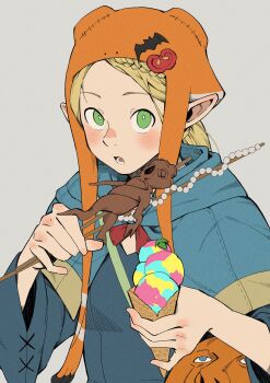 Rule 34 | 1girl, absurdres, adapted costume, animal hood, bat ornament, blonde hair, blue capelet, blue eyes, blue robe, blush, braid, braided bangs, bug, capelet, dungeon meshi, eating, elf, food, food-themed hat ornament, frog hood, green eyes, grey background, halloween costume, hashtag-only commentary, hat ornament, highres, holding, holding food, holding ice cream, holding skewer, hood, hood down, hooded capelet, ice cream, long hair, long sleeves, looking at viewer, mandrake, marcille donato, multiple scoops, open mouth, orange headwear, parted bangs, pelt, pinky out, pointy ears, ponytail, pumpkin, robe, simple background, skewer, solo, tomato, tomato slice, upper body, zhixie