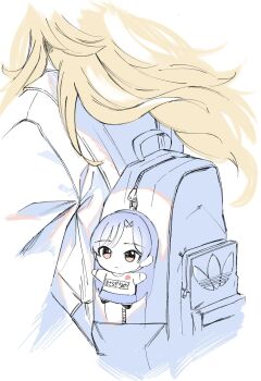 Rule 34 | 1girl, adidas, anjerain, backpack, bag, bag charm, blonde hair, character doll, charm (object), commentary request, doll, highres, hoshii miki, idolmaster, idolmaster (classic), kisaragi chihaya, long hair, partially colored, solo, translation request