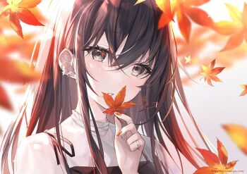 1girl black_dress black_hair blurry blurry_foreground blush dress ear_flower fingernails grey_eyes hair_between_eyes holding holding_leaf jewelry kagachi_saku leaf long_hair looking_at_viewer maple_leaf orange_nails original parted_lips ring shirt signature sleeveless sleeveless_dress solo upper_body watermark web_address white_shirt