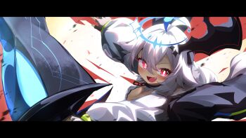 Rule 34 | 1girl, :d, absurdres, antenna hair, apollo (twinkle star knights), backlighting, black gloves, black jacket, blue hair, blue halo, blush, breasts, bright pupils, center opening, chain, choker, commentary request, eye trail, fang, fighting stance, fingerless gloves, four-pointed star, gloves, glowing, glowing eyes, hair between eyes, hair ornament, halo, highres, holding, holding sword, holding weapon, jacket, jacket on shoulders, leotard, letterboxed, light trail, long hair, long sleeves, looking at viewer, multicolored hair, open mouth, puffy long sleeves, puffy sleeves, rakkyo (nebiusu30), red eyes, small breasts, smile, solo, spiked halo, star (symbol), star hair ornament, sword, sword hair ornament, twinkle star knights, two-tone hair, upper body, weapon, white hair, white leotard, white pupils