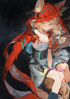 1girl absurdres animal_ears arknights arknights:_endfield black_gloves blonde_hair cloak commentary dress ears_through_headwear gloves highres hood hood_up hooded_cloak ichika_(ichika87) looking_at_viewer orange_eyes parted_lips red_cloak rossi_(arknights) solo tail white_dress wolf_ears wolf_girl wolf_tail