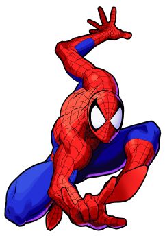 Rule 34 | 1990s (style), 1boy, absurdres, bengus, blue bodysuit, bodysuit, full body, game cg, highres, knees up, m/, male focus, marvel, marvel super heroes vs. street fighter, marvel vs. capcom, mask, multicolored bodysuit, non-web source, official art, outstretched arm, outstretched hand, print bodysuit, red bodysuit, retro artstyle, simple background, solo, spider-man, spider-man (series), spider web print, superhero costume, two-tone bodysuit, western comics (style), white background