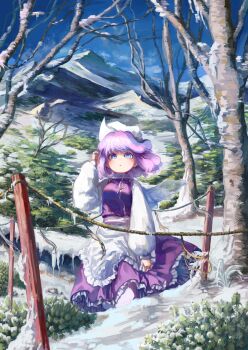 Rule 34 | 1girl, absurdres, apron, arm up, bamboo23091, blue eyes, commentary request, floating hair, foliage, frilled skirt, frills, hat, highres, icicle, letty whiterock, long sleeves, looking at viewer, medium hair, mountain, mountainous horizon, parted lips, purple hair, purple skirt, purple vest, rope fence, shirt, skirt, snow, touhou, tree, vest, waist apron, white hat, white shirt