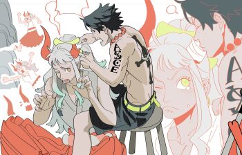 &gt;_&lt; 1boy 1girl aqua_eyes arm_tattoo arms_up back_tattoo bandages bare_arms bare_shoulders bead_necklace beads belt black_hair black_shorts blank_speech_bubble blush bone breasts broken_horn chibi closed_eyes collarbone cotton_ball earrings english_text frown furrowed_brow green_belt hair_ornament hakama half-closed_eyes hand_on_another&#039;s_shoulder highres holding hoop_earrings horns japanese_clothes jewelry kissing_horn long_hair long_sleeves looking_at_another necklace nyan_2020 on_stool one_eye_closed one_piece oni open_mouth orange_pupils outstretched_arms ponytail portgas_d._ace red_horns rope running sandals shimenawa short_hair shorts shouting sidelocks sitting skull speech_bubble stool tattoo tearing_up topless_male white_background white_hair wiping yamato_(one_piece)