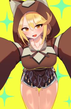 1girl absurdres animal_ears animal_hood black_shorts blonde_hair blush breasts brown_hood commentary commentary_request commission disguised_pyra_(xenoblade) dolphin_shorts english_commentary fake_animal_ears farrel_kb highres hood large_breasts looking_at_viewer mixed-language_commentary mythra_(xenoblade) open_mouth shorts solo sparkle standing xenoblade_chronicles_(series) xenoblade_chronicles_2 yellow_background yellow_eyes