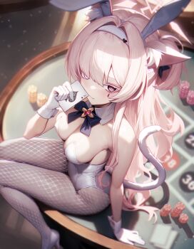 1girl ace_(playing_card) ace_of_spades akira_(blue_archive) alternate_costume animal_ears blue_archive card casino_card_table cat_ears cat_tail colored_eyelashes detached_collar facial_mark fake_animal_ears fishnet_pantyhose fishnets from_above gloves halo highres holding holding_card leotard long_hair looking_at_viewer mellow_(srpp4843) pantyhose playboy_bunny playing_card poker_chip rabbit_ears sitting smile spade_(shape) strapless strapless_leotard table tail teardrop_facial_mark white_gloves white_leotard wrist_cuffs