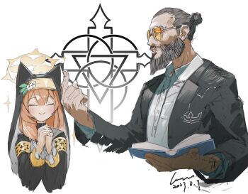 Rule 34 | 1boy, 1girl, :>, ^ ^, absurdres, animal ear headwear, animal ears, beard, beckoning, black jacket, black theme, black veil, blue archive, book, braid, buttons, cat ears, celtic knot, class connection, clenched teeth, closed eyes, coif, collared shirt, colorized, come hither, commentary request, cropped torso, cross, crown print, dated, facial hair, facing viewer, fake animal ears, far cry, far cry 5, flower, formal clothes, glasses, grey hair, hair bun, halo, hat, hat flower, highres, holding, holding book, hood, hood up, index finger raised, interlocked fingers, jacket, joseph seed, latin cross, light blush, long hair, long sleeves, looking ahead, looking to the side, making-of available, mari (blue archive), mature male, nun, open book, orange hair, own hands clasped, own hands together, parted lips, pointing, pointing up, praying, priest, sailor collar, sanpaku, shirt, signature, single braid, sketch, smile, sparkle, suit, teeth, tinted eyewear, turtleneck, upper body, veil, wawon (wan wawon), white sailor collar, white shirt, yellow-tinted eyewear, yellow halo