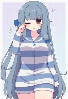 1girl blue_background blue_bow blue_hair blue_shirt blue_shorts blunt_bangs blush border bow closed_mouth collarbone commentary cowboy_shot grid_background hair_bow hand_up hibino_000 highres kotonoha_aoi long_hair long_sleeves one_eye_closed outline outside_border pajamas red_eyes rubbing_eyes shirt shorts solo squiggle striped_clothes striped_shirt striped_shorts translation_request voiceroid white_border white_outline