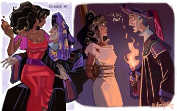 1boy 1girl bare_shoulders belly_dancing black_hair black_hat black_robe breasts claude_frollo_(disney) cleavage dark-skinned_male dark_skin dress english_text esmeralda_(disney) french-unicorn grey_hair hair_ornament hat hetero highres holding holding_torch long_hair looking_at_another medium_breasts off-shoulder_dress off_shoulder open_mouth parted_bangs red_dress restrained robe short_hair sitting sitting_on_lap sitting_on_person smile the_hunchback_of_notre_dame_(disney) torch torn_clothes torn_dress upper_body wavy_hair white_dress