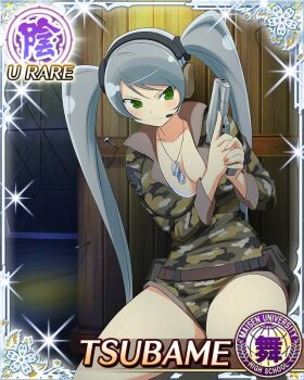 1girl border bra bra_peek breasts camouflage camouflage_jacket camouflage_shorts card_(medium) character_name closed_mouth dog_tags game_cg green_eyes grey_hair gun handgun headset holding holding_gun holding_weapon indoors jacket large_breasts light_frown long_hair looking_at_viewer official_art on_one_knee senran_kagura senran_kagura_new_wave shorts solo swept_bangs third-party_source trigger_discipline tsubame_(senran_kagura) twintails underwear very_long_hair weapon white_bra