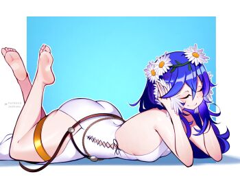 Rule 34 | 1girl, bare shoulders, barefoot, blue hair, blush, closed eyes, fire emblem, fire emblem awakening, fire emblem heroes, hair ornament, head wreath, jaxdrawz, lucina (fire emblem), lucina (valentine) (fire emblem), lying, nintendo, official alternate costume, on stomach, patreon logo, patreon username, solo