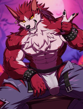 1boy abs animal_ears bara bat_(animal) belt bracelet bulge claws colored_sclera commentary drks earrings english_commentary fangs fortnite full_moon furry furry_male highres jewelry looking_at_viewer lycan_west_(fortnite) male_focus male_underwear moon muscular muscular_male navel nipples open_belt open_fly pants pawpads pectorals sitting spiked_bracelet spikes tail topless_male torn_clothes torn_pants underwear white_male_underwear wolf_boy wolf_ears wolf_tail yellow_sclera