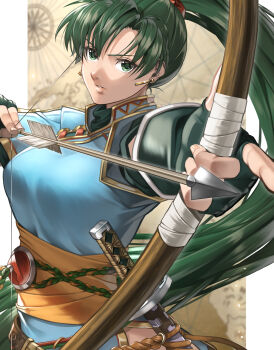 Rule 34 | 1girl, aiming, archery, arrow (projectile), blue dress, border, bow (weapon), breasts, delsaber, dress, earrings, fighting stance, fingerless gloves, fire emblem, fire emblem: the blazing blade, gloves, gold earrings, gold trim, green eyes, green gloves, green hair, high ponytail, highres, holding, holding arrow, holding bow (weapon), holding weapon, jewelry, large breasts, long hair, looking at viewer, lyn (fire emblem), nintendo, outside border, parted lips, ponytail, rope, sash, sheath, sheathed, short sleeves, solo, sword, upper body, very long hair, weapon, white border