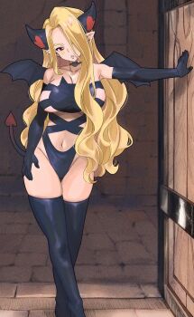 1girl blonde_hair breasts collarbone colorized dead_rock demon_girl gaston18 large_breasts lilith_(dead_rock) long_hair mashima_hiro navel red_eyes solo underboob