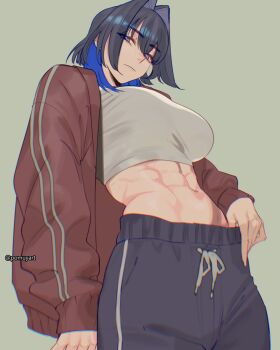 1girl abs alternate_costume black_hair black_pants blue_eyes blue_hair breasts brown_jacket closed_mouth colored_inner_hair commentary cropped_shirt english_commentary grey_background hair_flaps hair_intakes highres hololive hololive_english jacket large_breasts long_hair looking_at_viewer midriff multicolored_hair navel official_alternate_hairstyle ouro_kronii pants pomuya shirt simple_background solo toned toned_female virtual_youtuber white_shirt wolf_cut