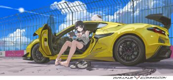 1girl absurdres barefoot black_hair blue_eyes car feet handheld_game_console highres long_hair motor_vehicle original shoes sitting socks soles toes unworn_shoes unworn_socks yukiale