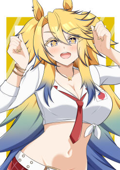 Rule 34 | 1girl, animal ears, arn7, belt, blonde hair, blue eyes, blue hair, bracelet, breasts, cleavage, collared shirt, commentary, crop top, ear piercing, front-tie top, highres, horse ears, jewelry, long hair, looking at viewer, medium breasts, multicolored hair, navel, necklace, obey your master (umamusume), open mouth, piercing, plaid clothes, plaid skirt, red skirt, shirt, skirt, smile, solo, star-shaped pupils, star (symbol), star necklace, symbol-shaped pupils, two-tone hair, umamusume, umamusume: cinderella gray, upper body, very long hair, white belt, white shirt