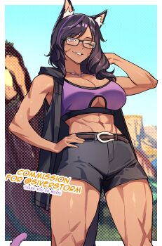 1girl abs absurdres animal_ear_fluff bare_arms belt black-framed_eyewear black_hair black_jacket breasts cat_girl cat_tail cleavage clothing_cutout commentary commission commissioner_name cowboy_shot english_commentary facial_mark final_fantasy final_fantasy_xiv glasses grey_shorts hand_on_own_hip hand_up highres jacket jewelry large_breasts long_hair midriff miqo&#039;te multicolored_hair necklace nokaa_aru one_eye_closed open_clothes open_jacket original outdoors parted_bangs parted_lips purple_eyes purple_sports_bra purple_streaks purple_tail shorts sleeveless sleeveless_jacket smile solo sports_bra standing streaked_hair tail thank_you toned toned_female underboob_cutout vivian_grimelka_(siverstorm) warrior_of_light_(ff14) whisker_markings