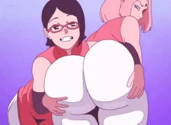 2girls angry animated animated_gif ass ass_grab ass_shake bent_over black_hair d-art family from_behind glasses green_eyes hairband haruno_sakura huge_ass jiggle leaning_forward looking_at_viewer looking_back mature_female mother_and_daughter multiple_girls naruto_(classic) naruto_(series) pants pink_hair short_hair simple_background smile thick_thighs thighs uchiha_sarada white_pants wide_hips