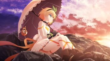 Rule 34 | 1girl, artist request, black choker, blonde hair, blue eyes, boots, brown boots, brown gloves, brown hairband, choker, closed mouth, cloud, commentary, dawn, dress, edna (tales), english commentary, full body, game cg, gloves, green ribbon, hair ribbon, hairband, highres, holding, holding umbrella, leg ribbon, looking afar, normin (tales), official art, outdoors, phoenix (tales), ribbon, rock, short hair, single glove, sitting, sky, solo, tales of (series), tales of crestoria, tales of zestiria, third-party source, umbrella, white dress, wind
