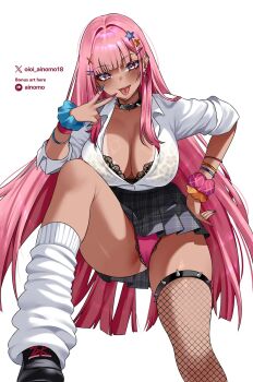 Rule 34 | 1girl, animal print, artist name, black choker, black shoes, black skirt, black thighhighs, blue nails, blue scrunchie, blush, bra, bra peek, breasts, choker, collared shirt, commentary, ear piercing, earrings, fingernails, fishnet thighhighs, fishnets, gyaru, hair ornament, hairclip, heart, heart choker, heart earrings, highres, hololive, hololive english, huge breasts, jewelry, knee up, lace, lace-trimmed bra, lace panties, lace trim, leg warmers, leopard print, leopard print bra, long hair, long sleeves, looking at viewer, mori calliope, multicolored nails, nail polish, navel piercing, oioi ainomo, open mouth, orange scrunchie, panties, patreon logo, patreon username, piercing, pink eyes, pink hair, pink nails, pink panties, pink scrunchie, plaid clothes, plaid skirt, print bra, scrunchie, shiny skin, shirt, shoes, simple background, single earring, single thighhigh, skirt, smile, solo, spiked choker, spiked ear piercing, spiked thigh strap, spikes, star (symbol), star hair ornament, symbol-only commentary, tan, teeth, thighhighs, thighs, tongue, tongue out, twitter username, underwear, upper teeth only, v, virtual youtuber, white background, white leg warmers, white shirt, wrist scrunchie, wristband, yellow bra