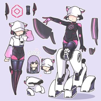 2girls adjusting_clothes adjusting_headwear animal_ears baseball_cap black_bodysuit black_hair blue_archive bodysuit cropped_jacket enobun3gyo full_body halo hat highres jacket long_sleeves multiple_girls multiple_views object_and_personification puffy_long_sleeves puffy_sleeves purple_eyes purple_hair purple_halo short_hair simple_background thundergun_(blue_archive) utaha_(blue_archive) white_hat white_jacket