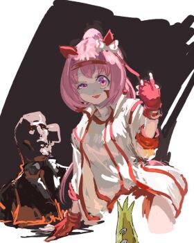 1girl animal_ears bandaid bandaid_on_leg bow buruma ear_bow ear_covers flower-shaped_pupils flower_in_eye gloves hairband haru_urara_(bestest_prize)_(umamusume) haru_urara_(umamusume) headband horse_ears horse_girl horse_tail inishie_kumo jacket long_hair looking_at_viewer open_mouth pink_buruma pink_eyes pink_hair pink_headband ponytail red_buruma red_gloves red_headband shirt smile symbol-shaped_pupils symbol_in_eye t-head_trainer_(umamusume) tail trainer_(umamusume) umamusume