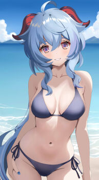 1girl absurdres ahoge alternate_costume beach bikini black_bikini black_ribbon blue_hair blue_nails blue_sky blush breasts cloud cloudy_sky collarbone commentary_request cowboy_shot day fingernails ganyu_(genshin_impact) genshin_impact goat_horns hair_between_eyes hand_on_own_hip highres horns long_hair looking_at_viewer low_ponytail medium_breasts mishirosora mountain nail_polish navel ocean outdoors ponytail purple_eyes purple_pupils ribbon sand sidelocks sky smile solo standing summer swimsuit teeth wavy_hair