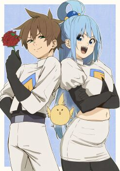 1boy 1girl aqua_(konosuba) black_gloves black_pantyhose blue_hair brown_hair commentary_request cosplay crop_top flower gloves highres holding holding_flower izawa_(bhive003) james_(pokemon) james_(pokemon)_(cosplay) jessie_(pokemon) jessie_(pokemon)_(cosplay) kono_subarashii_sekai_ni_shukufuku_wo! long_hair navel nintendo pantyhose pokemon pokemon_(anime) red_flower red_rose rose satou_kazuma short_hair skindentation skirt smile stomach team_rocket team_rocket_uniform