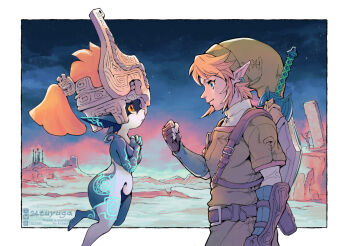 1boy 1girl belt belt_buckle blonde_hair blue_eyes border buckle clenched_hand colored_sclera fingerless_gloves floating gloves green_hat green_tunic hat link looking_at_another midna nintendo orange_hair outside_border own_hands_together pointy_ears sheath sheathed shield shield_on_back shortstack sword the_legend_of_zelda the_legend_of_zelda:_twilight_princess tsuyuga tunic weapon white_border yellow_sclera