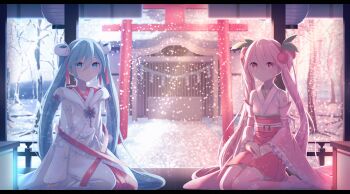 2girls aqua_eyes aqua_hair architecture arm_tattoo blush cherry_blossoms cherry_hair_ornament closed_mouth detached_sleeves dual_persona east_asian_architecture food-themed_hair_ornament hair_between_eyes hair_ornament hatsune_miku highres japanese_clothes kimono long_hair long_sleeves looking_at_viewer miko multiple_girls number_tattoo official_alternate_costume official_alternate_hairstyle pink_eyes pink_hair pink_skirt pink_thighhighs pleated_skirt sakakidani sakura_miku shrine skirt smile snow tattoo thighhighs torii twintails very_long_hair vocaloid white_kimono wide_sleeves winter yuki_miku yuki_miku_(2013)