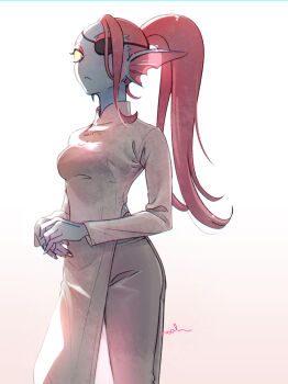 1girl absurdres blue_skin breasts colored_sclera colored_skin dress eyepatch fins head_fins highres long_hair long_sleeves noah_(tettsui-sole) pants pink_hair pink_nails ponytail signature solo undertale undyne utdr_(toby_fox) white_background white_dress white_pants yellow_sclera