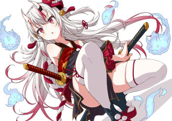 1girl absurdres asanaya bell black_kimono commentary double_bun dutch_angle floating_hair full_body geta gradient_hair hair_bell hair_between_eyes hair_bun hair_ornament highres hitodama hololive horns japanese_clothes katana kimono kouhaku_nawa long_hair mask mask_on_head multicolored_hair nakiri_ayame nakiri_ayame_(1st_costume) off_shoulder okobo oni_mask open_mouth platform_footwear platform_sandals poyoyo_(nakiri_ayame) red_eyes red_hair red_robe red_sandals robe rope sandals scabbard sheath sheathed shimenawa silver_hair simple_background skin-covered_horns solo squatting streaked_hair sword tabi tassel thighhighs thighs two-tone_hair unsheathing virtual_youtuber weapon white_background white_thighhighs