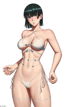 1girl absurdres bikini breasts fubuki_(one-punch_man) green_eyes green_hair highres large_breasts mangho medium_hair navel one-punch_man parted_lips side-tie_bikini_bottom simple_background solo swimsuit white_background white_bikini