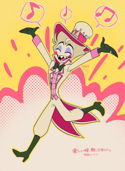 Rule 34 | 1boy, :d, \o/, absurdres, apple, arms up, black boots, black gloves, black mouth, blonde hair, boots, circle facial mark, coat, colored skin, commentary request, eyeshadow, fewer digits, food, fruit, full body, gloves, grey background, hair slicked back, halftone, halftone background, hat, hazbin hotel, hellaverse, high heel boots, high heels, highres, knee boots, lapels, lucifer morningstar (hazbin hotel), makeup, male focus, menma (enaic31), musical note, notched lapels, open clothes, open coat, open mouth, outline, outstretched arms, pants, pink background, pink vest, puffy pants, purple eyeshadow, red trim, running, sharp teeth, short hair, signature, simple background, smile, solo, spoken musical note, standing, standing on one leg, striped clothes, striped vest, teeth, tongue, top hat, translation request, two-tone vest, vertical-striped clothes, vertical-striped vest, very short hair, vest, watermark, white coat, white hat, white pants, white skin, white vest, yellow background, yellow outline