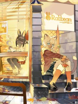 2girls :< :3 absurdres animal_ear_fluff animal_ears animal_nose autumn_leaves black_fur black_hair black_shoes blue_eyes blue_skirt bob_cut body_fur brown_fur brown_jacket cafe cat_ears cat_girl cat_tail closed_mouth commentary english_commentary fang female_focus full_body fur-trimmed_shoes furry furry_female grey_fur hand_on_own_cheek hand_on_own_face happy head_rest highres holding holding_leaf jacket kneehighs knees_together_feet_apart leaf long_sleeves looking_at_viewer looking_down lossy-lossless magiace miniskirt multiple_girls on_stairs on_stool open_mouth orange_socks orange_sweater original outdoors pencil_skirt pigeon-toed rabbit_ears rabbit_girl ranta_(magiace) reading red_eyes shoes short_hair siamu_(magiace) sidelocks sitting skirt smile socks stairs sweater swept_bangs tail two-tone_fur white_fur white_hair white_skirt white_sweater window window_blinds
