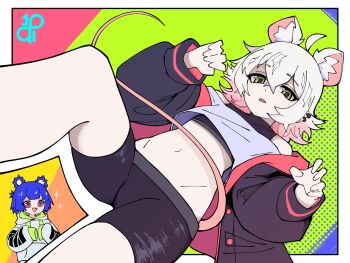 Rule 34 | 10qi, 2girls, :d, absurdres, ahoge, animal ear fluff, animal ears, bags under eyes, bare shoulders, bear ears, bear girl, bike shorts, black jacket, black shirt, black shorts, blue hair, blunt bangs, blunt sidelocks, border, borrowed character, buttons, center-flap bangs, colored tips, commentary, cosplay, costume switch, covered collarbone, crop top, crop top overhang, cropped shirt, curled fingers, curled tail, cut-in, dot nose, double-parted bangs, dutch angle, ear piercing, english commentary, extra ears, eyebrows hidden by hair, fang, feet out of frame, flat chest, flipped hair, from below, gift art, go! go! gris!, green eyes, green hoodie, grey hoodie, grey shirt, grin, gris (go! go! gris!), groin, hair between eyes, hair flaps, half-closed eyes, half updo, hands up, happy, highres, hood, hood down, hooded jacket, hoodie, jacket, leg up, logo, long eyelashes, long sleeves, looking at self, looking down, midriff, mouse ears, mouse girl, mouse tail, multicolored hair, multiple girls, multiple piercings, narrowed eyes, navel, off-shoulder shirt, off shoulder, open clothes, open jacket, open mouth, original, partially shaded face, perl (go! go! gris!), piercing, pink eyes, pink hair, pink jacket, pink tail, pink trim, pocket, ponytail, print hoodie, puffy long sleeves, puffy sleeves, raised eyebrows, red eyes, shirt, short hair, short ponytail, short shorts, shorts, sidelocks, skindentation, sleeveless, sleeveless shirt, sleeves past fingers, sleeves past wrists, smile, solo focus, sparkle, standing, standing on one leg, tail, tail around waist, tail raised, tareme, thick eyelashes, thighs, tsurime, turtleneck, turtleneck shirt, two-sided fabric, two-sided jacket, two-tone hair, unbuttoned, upper body, white border, white hair, white hoodie, white shirt, wide-eyed