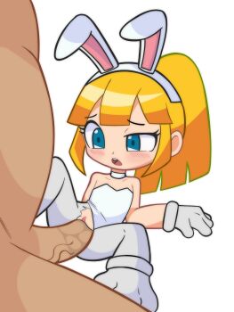 1boy 1girl animal_ears blonde_hair blue_eyes blush capcom clitoris clothing_aside confused eyelashes fake_animal_ears foot_out_of_frame gachacash half-closed_eye hetero highres leotard leotard_aside loli long_hair looking_at_penis looking_down lying mega_man_(series) on_back pantyhose playboy_bunny ponytail pussy rabbit_ears roll_(mega_man) sex simple_background solo_focus strapless strapless_leotard torn_clothes torn_pantyhose uncensored vaginal white_leotard white_pantyhose
