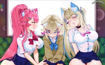 3girls absurdres animal_ear_fluff animal_ears black_choker blue_eyes blush breasts cardigan choker cleavage clothing_cutout dog_ears dog_girl dopeybunni fuwawa_abyssgard gyaru hair_between_eyes hair_intakes hair_ornament hairclip highres hololive hololive_english large_breasts long_hair looking_at_another looking_down mococo_abyssgard multicolored_hair multiple_girls open_mouth panther_ears panther_girl pink_hair ponytail raora_panthera school_uniform shiny_skin shirt siblings sidelocks sisters sitting skirt streaked_hair thighs twins underboob_cutout white_shirt x_hair_ornament