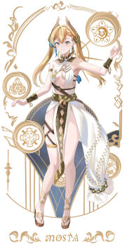 1girl absurdres armpits artist_name bare_shoulders blonde_hair blue_hair breasts cleavage commentary crescent_moon cross dress earrings full_body green_eyes hair_ornament highres jewelry long_hair looking_at_viewer moon mosta_(lo1777789) multicolored_hair nail_polish original patterned_background pink_nails sandals simple_background sleeveless sleeveless_dress small_breasts smile solo symbol-only_commentary thigh_strap toenail_polish toenails twintails two-tone_hair underboob wing_hair_ornament wrist_cuffs