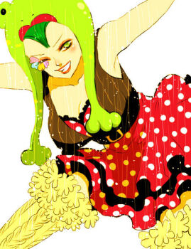 Rule 34 | 1girl, ;d, alabasta, animal hat, armpits, bare shoulders, belt, blush, breasts, dress, dripping, dutch angle, eri (harumachi), female focus, frog, green eyes, green hair, grin, hat, image sample, layered skirt, looking at viewer, matching hair/eyes, md5 mismatch, miss father's day, one eye closed, one piece, open mouth, outstretched arms, pixiv sample, polka dot, polka dot dress, polka dot skirt, rain, resized, resolution mismatch, simple background, skirt, smile, solo, source larger, spread arms, spread legs, standing, teeth, thighhighs, vest, wet, white background, wink, yellow thighhighs