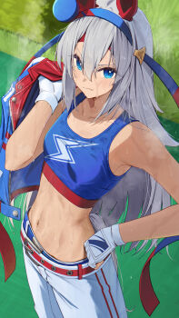 1girl animal_ears blue_eyes blue_sports_bra blush closed_mouth commentary_request ear_covers fang fingerless_gloves gloves grass grey_hair hair_between_eyes hand_on_own_hip highres holding holding_unworn_clothes holding_unworn_jacket horse_ears horse_girl jacket long_hair looking_at_viewer midriff navel ningen_gokko pants skin_fang solo sports_bra standing steaming_body stomach sweat tamamo_cross_(fast_as_lightning)_(umamusume) tamamo_cross_(umamusume) umamusume unworn_jacket v-shaped_eyebrows very_sweaty white_gloves white_pants