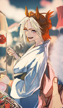 Rule 34 | 1girl, animal ears, blue eyes, blue kimono, blurry, blurry background, candy apple, cotton candy, festival, food, highres, holding, holding candy apple, holding cotton candy, holding food, horse ears, horse girl, horse tail, japanese clothes, kimono, long hair, looking at viewer, multicolored hair, open mouth, orange hair, orfevre (umamusume), pov, rakugaki shiho, streaked hair, summer festival, tail, two-tone hair, umamusume, white hair, yukata
